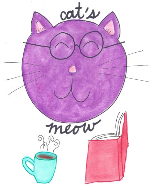 a purple watercolor cat is wearing glasses and reading a book with a cup of tea by its side