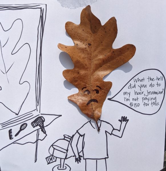 A large leaf glued to a piece of paper. Drawings surround it. It is made to look as if the leaf is the head of a person who is saying "What the hell did you do to my hair, Jeannine? I'm not paying $130 for this."