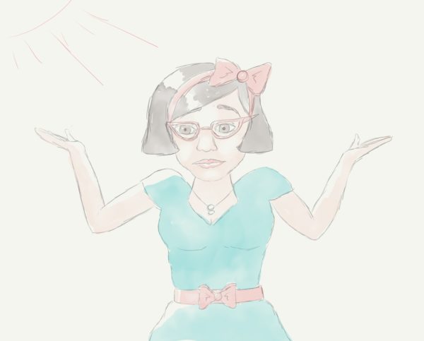A digital watercolor drawing of a white woman with red glasses, a red headband with bow, a pearl necklace and a turquoise A-line dress. There is a red belt around her waist that also has a red bow on it. Her shoulders are raised and her arms are up in the air as if she is shrugging. 