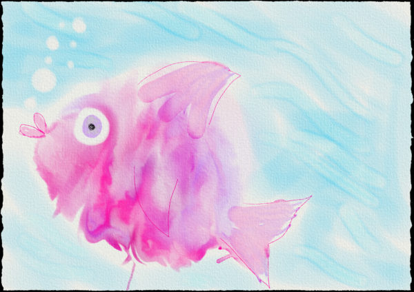A digital watercolor drawing of fish with a large purple eye in blue water. The fish is many shades of pink and purple swirled together. 