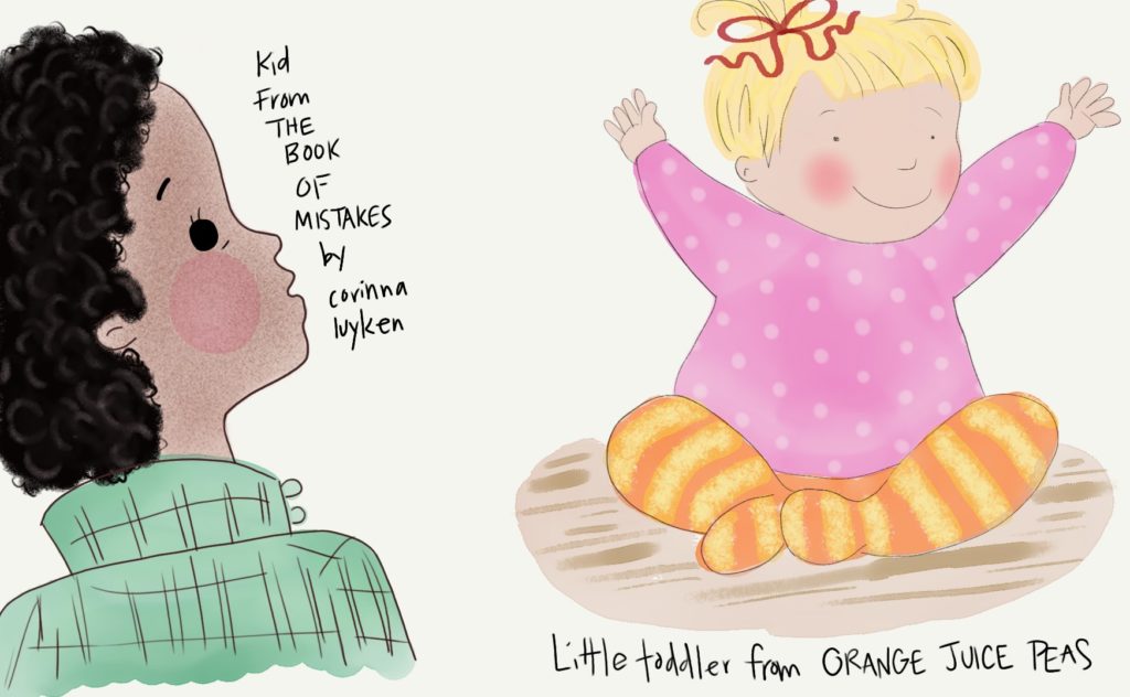 Image on left is a small child with curly hair, rosy cheeks and a green jacket looking up. Image on the right is a blond baby with a pink sweater with polka dots, orange and yellow striped tights, and a red ribbon in her hair lifting her arms up in excitement. 