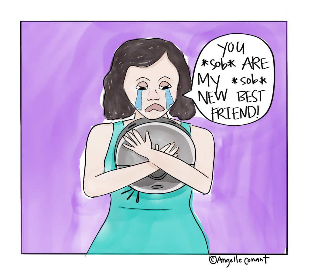 A woman with dark hair and a turquoise dress cradles her robot vacuum in her arms. The dialog bubble says "YOU *sob* ARE MY *sob* NEW BEST FRIEND!"