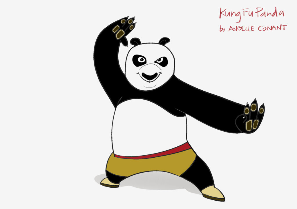 him and one arm above the head. 

In the upper right corner of the image, in red text, it says "Kung Fu Panda by Angelle Conant"