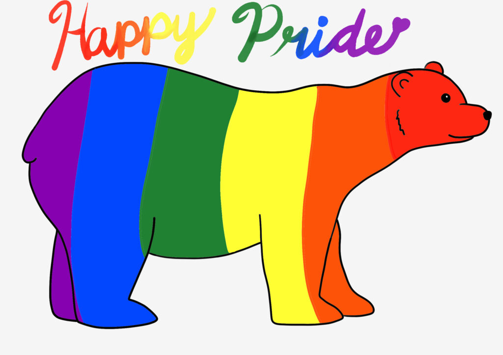 A cartoon polar bear is standing with a smile on it's face. It is not white but instead colored in rainbow. The words "Happy Pride" are above it in rainbow watercolor. 