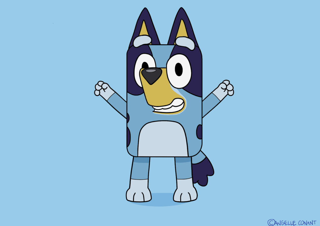 On a blue background is a drawing of the popular blue heeler cartoon character, Bluey. 